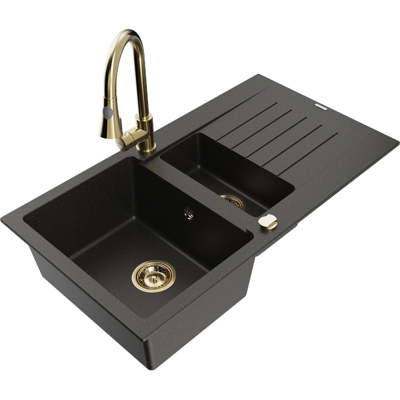 Mexen Matias Granitspüle 1,5-becken mit Abtropffläche und Küchenarmatur Elia, schwarz/gold metallic - 6502-75-670101-50
