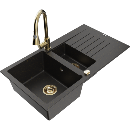 Mexen Matias granieten gootsteen 1,5-komor met afdruiprek en keukenkraan Elia, zwart/gouden metallic - 6502-75-670101-50