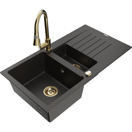 Mexen Matias granitdiskbänk 1,5-facks med avrinningsyta och köksblandare Elia, svart/guld metallic - 6502-75-670101-50
