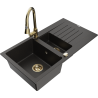 Mexen Matias fregadero de granito de 1,5 cubetas con escurridor y grifo de cocina Elia, negro/metálico dorado