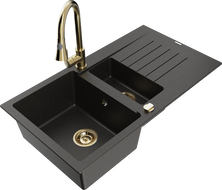 Mexen Matias granieten gootsteen 1,5-komor met afdruiprek en keukenkraan Elia, zwart/gouden metallic - 6502-75-670101-50