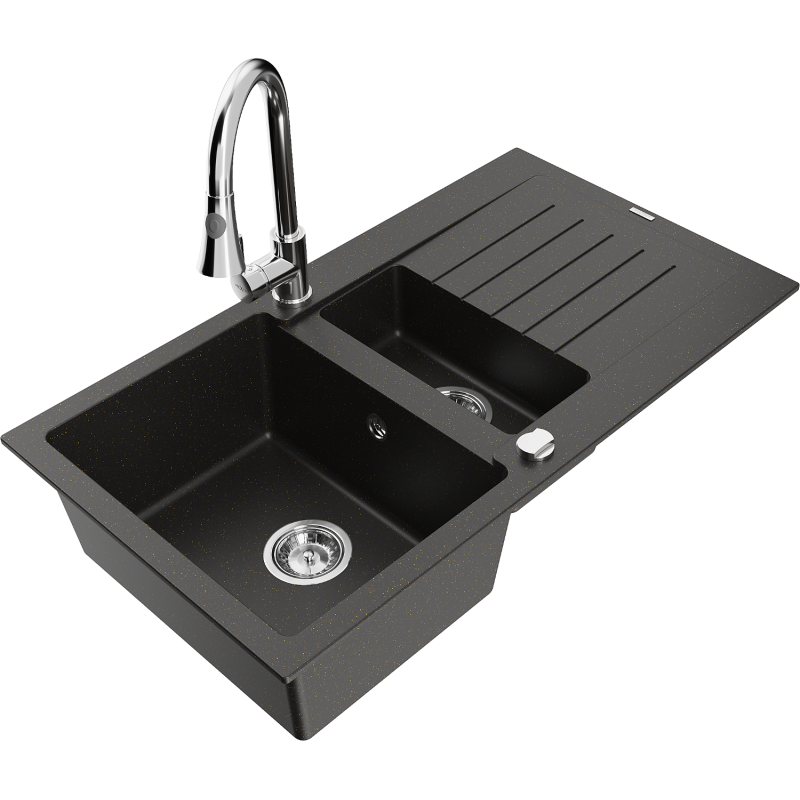 Mexen Matias lavello in granito a 1,5 vasche con sgocciolatoio e rubinetto da cucina Elia, nero/oro metallizzato