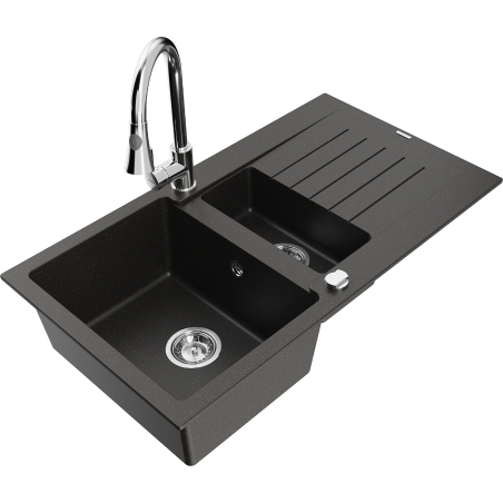 Mexen Matias granieten spoelbak 1,5-combinatie met afdruipplaat en keukenkraan Elia, zwart/goud metallic - 6502-75-670101-00