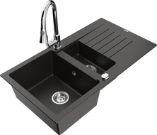 Mexen Matias granieten spoelbak 1,5-combinatie met afdruipplaat en keukenkraan Elia, zwart/goud metallic - 6502-75-670101-00