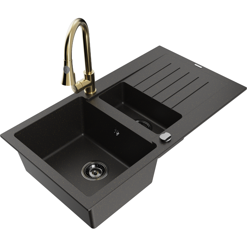 Mexen Matias fregadero de granito de 1,5 senos con escurridor y grifo de cocina Elia, negro/oro metálico - 6502-75-670101-50-B