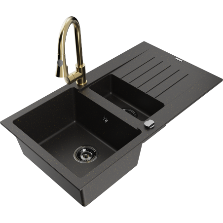 Mexen Matias fregadero de granito de 1,5 senos con escurridor y grifo de cocina Elia, negro/oro metálico - 6502-75-670101-50-B