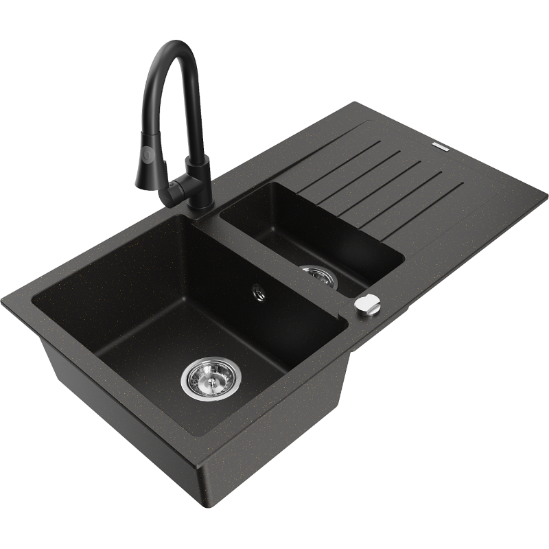 Mexen Matias fregadero de granito de 1,5 senos con escurridor y grifo de cocina Elia, negro/dorado metálico - 6502-75-670101-70
