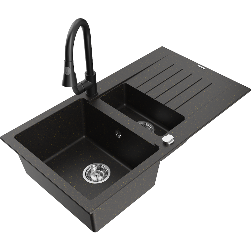 Mexen Matias granite sink 1.5-bowl with drainer and Elia kitchen tap, black/gold metallic - 6502-75-670101-70