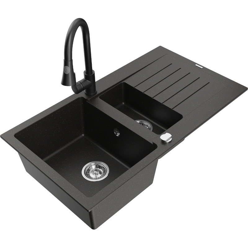 Mexen Matias granitische 1,5-komorige spoelbak met afdruiprek en keukenkraan Elia, zwart/gouden metallic - 6502-75-670101-70