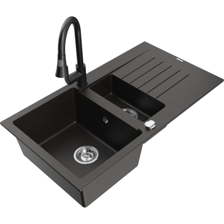 Mexen Matias fregadero de granito de 1,5 senos con escurridor y grifo de cocina Elia, negro/dorado metálico - 6502-75-670101-70