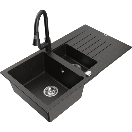 Mexen Matias granite sink 1.5-bowl with drainer and Elia kitchen tap, black/gold metallic - 6502-75-670101-70
