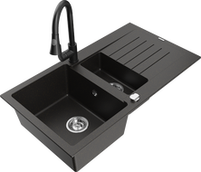 Mexen Matias granite sink 1.5-bowl with drainer and Elia kitchen tap, black/gold metallic - 6502-75-670101-70