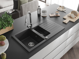 Mexen Matias 1.5-bowl granite sink with drainer and Elia kitchen tap, black speckled - 6502-76-670101-00