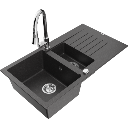 Mexen Matias évier en granit 1,5 bac avec égouttoir et robinet de cuisine Elia, noir moucheté - 6502-76-670101-00