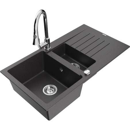 Mexen Matias fregadero de granito 1,5 senos con escurridor y grifo de cocina Elia, negro moteado - 6502-76-670101-00
