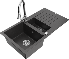 Mexen Matias 1.5-bowl granite sink with drainer and Elia kitchen tap, black speckled - 6502-76-670101-00