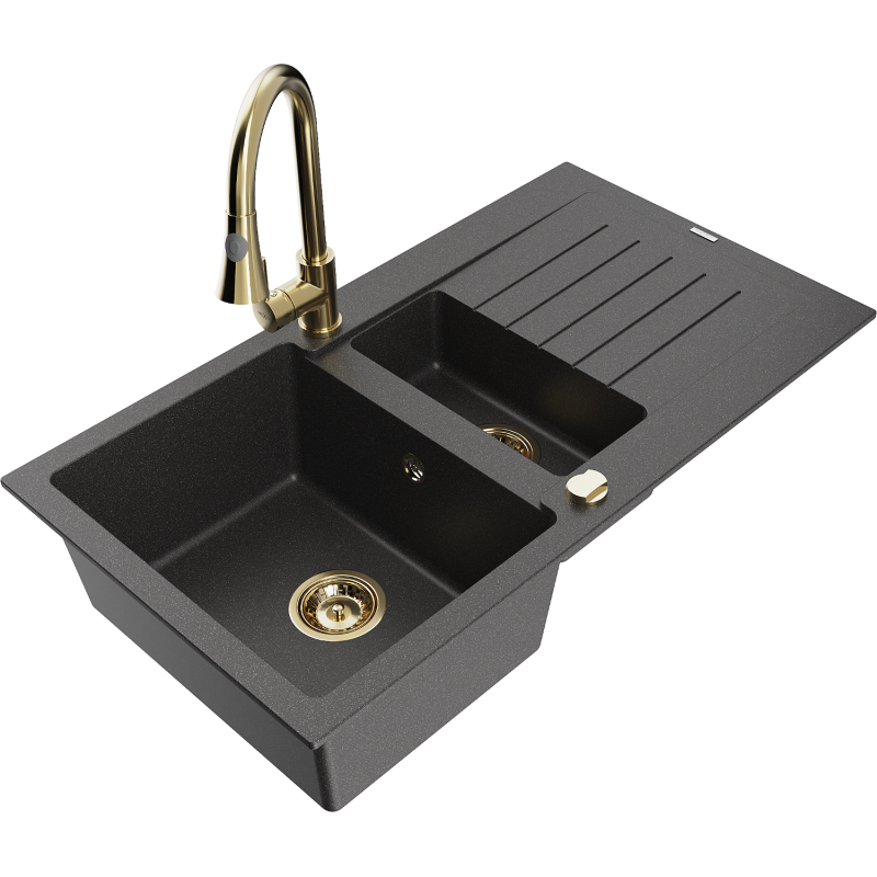 Mexen Matias évier en granit 1,5 bac avec égouttoir et robinet de cuisine Elia, noir moucheté - 6502-76-670101-50