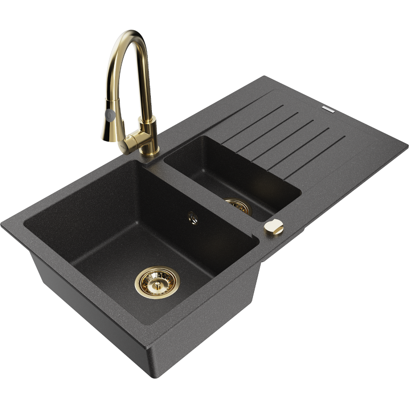 Mexen Matias fregadero de granito de 1,5 senos con escurridor y grifo de cocina Elia, negro moteado - 6502-76-670101-50