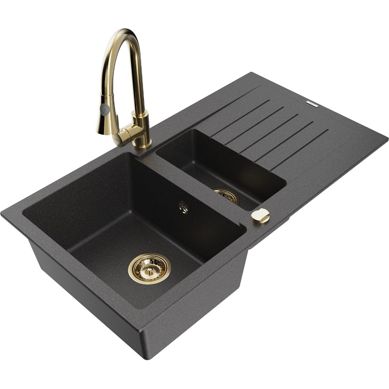 Mexen Matias Granitspüle 1,5-becken mit Abtropffläche und Küchenarmatur Elia, schwarz gesprenkelt - 6502-76-670101-50