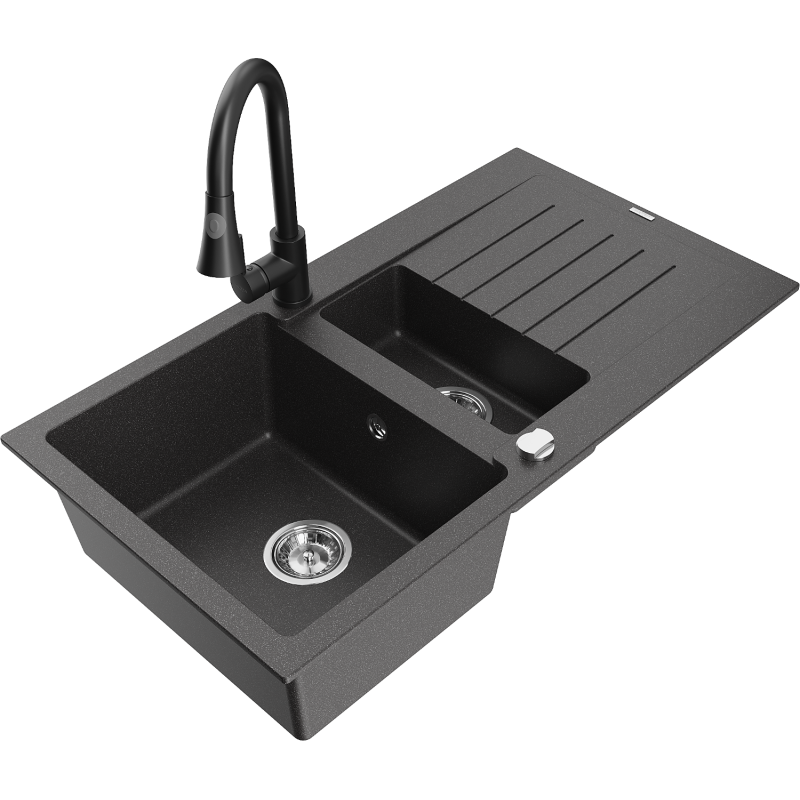 Mexen Matias fregadero de granito de 1,5 senos con escurridor y grifo de cocina Elia, negro moteado - 6502-76-670101-70