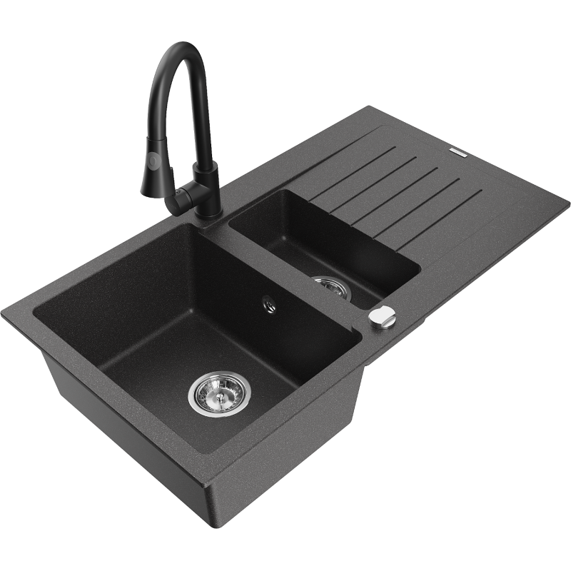 Mexen Matias lavello in granito 1,5 vasche con scolapiatti e rubinetto da cucina Elia, nero maculato - 6502-76-670101-70