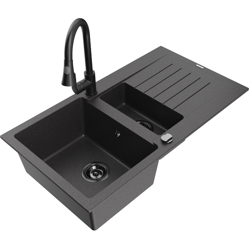 Mexen Matias granite kitchen sink 1.5-bowl with drainer and Elia kitchen tap, speckled black - 6502-76-670101-70-B