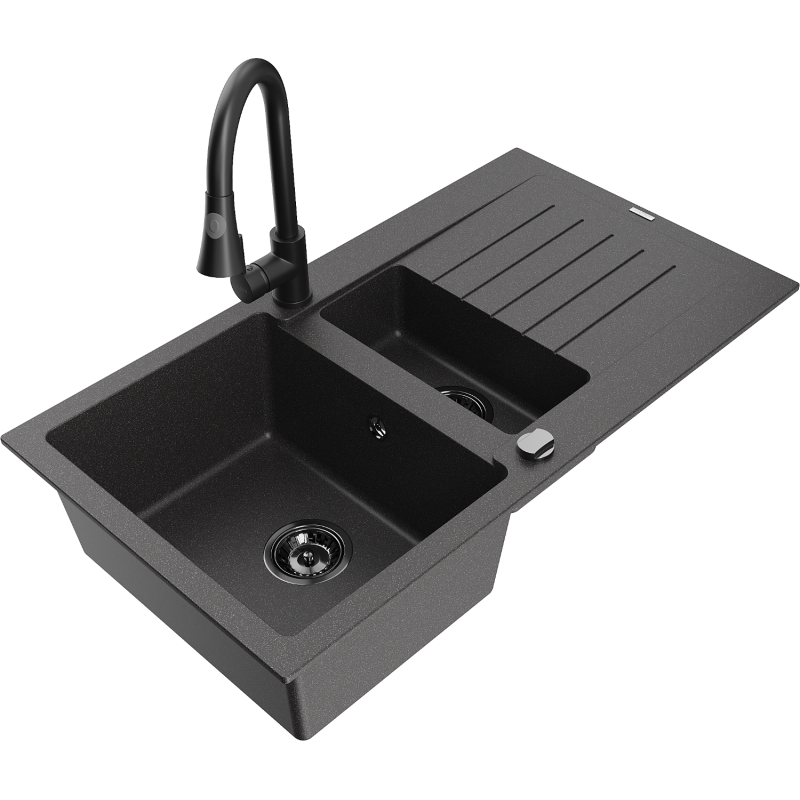 Mexen Matias lava-loiça de granito 1,5-cuba com escorredor e misturadora de cozinha Elia, preto salpicado - 6502-76-670101-70-B