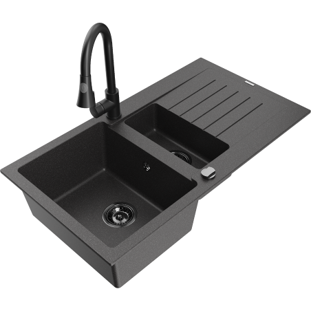 Mexen Matias 1,5 nodalīguma granīta izlietne ar noteces un virtuves jaucējkrānu Elia, melns ar šķipsniņām