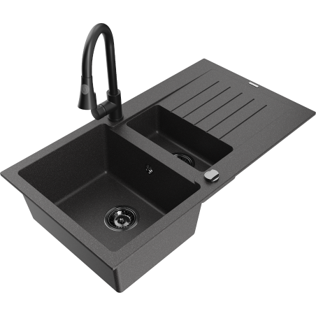 Mexen Matias granite kitchen sink 1.5-bowl with drainer and Elia kitchen tap, speckled black - 6502-76-670101-70-B