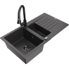 Mexen Matias granite kitchen sink 1.5-bowl with drainer and Elia kitchen tap, speckled black - 6502-76-670101-70-B