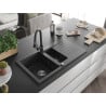 Mexen Matias granite sink 1.5-bowl with drainer and Elia kitchen tap, black speckled - 6502-76-670101-76