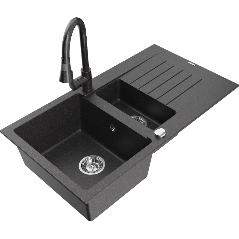 Mexen Matias fregadero de granito de 1,5 senos con escurridor y grifo de cocina Elia, negro moteado - 6502-76-670101-76
