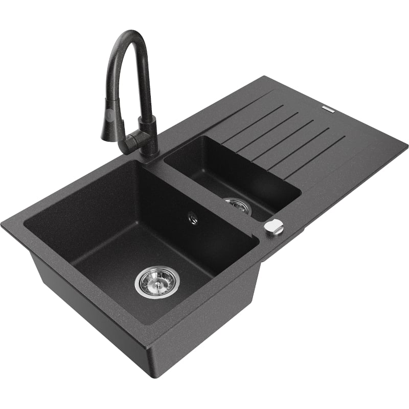 Mexen Matias granite kitchen sink 1.5-bowl with drainer and Elia kitchen faucet, black speckled - 6502-76-670101-76