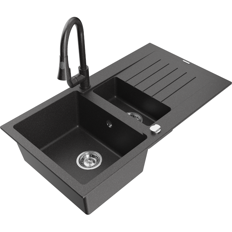 Mexen Matias granite sink 1.5-bowl with drainer and Elia kitchen tap, black speckled - 6502-76-670101-76