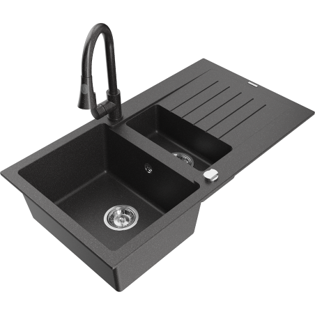 Mexen Matias granite sink 1.5-bowl with drainer and Elia kitchen tap, black speckled - 6502-76-670101-76