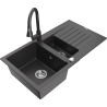 Mexen Matias évier en granit 1,5 bac avec égouttoir et robinet de cuisine Elia, noir moucheté - 6502-76-670101-76