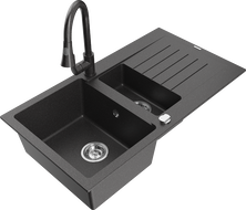 Mexen Matias granite sink 1.5-bowl with drainer and Elia kitchen tap, black speckled - 6502-76-670101-76