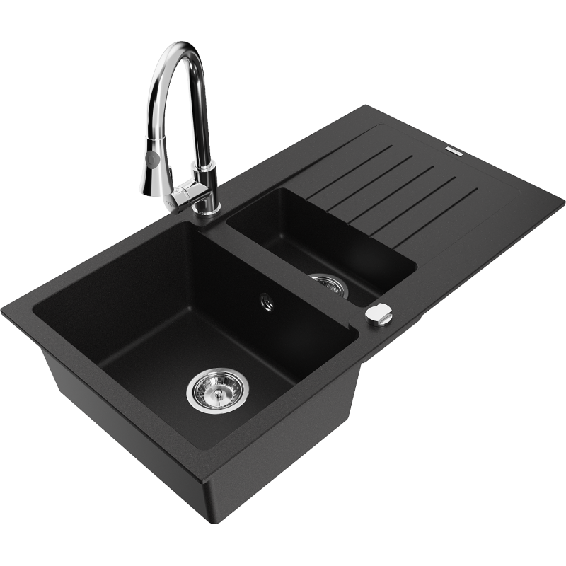 Mexen Matias granite sink 1.5-bowl with drainer and Elia kitchen tap, black - 6502-77-670101-00