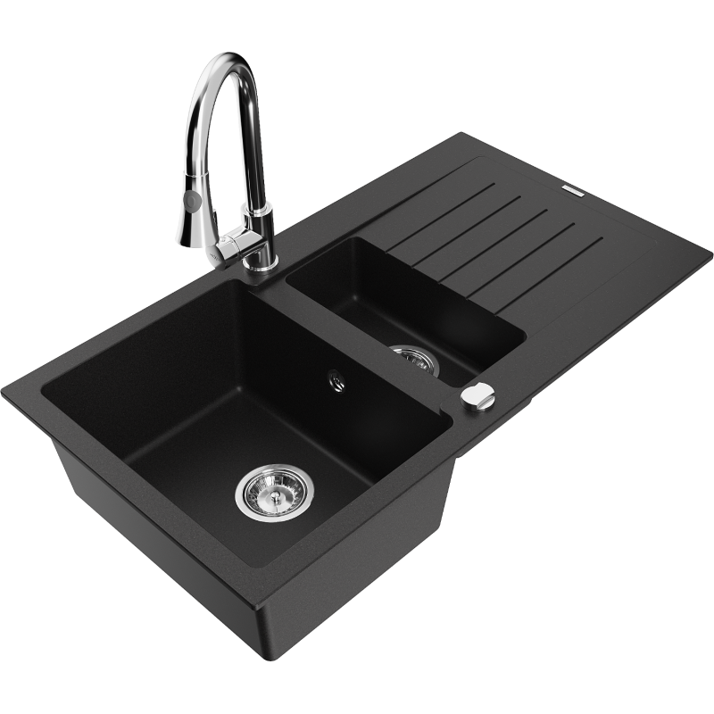 Mexen Matias lava-loiça de granito 1,5 cubas com escorredor e torneira de cozinha Elia, preto - 6502-77-670101-00