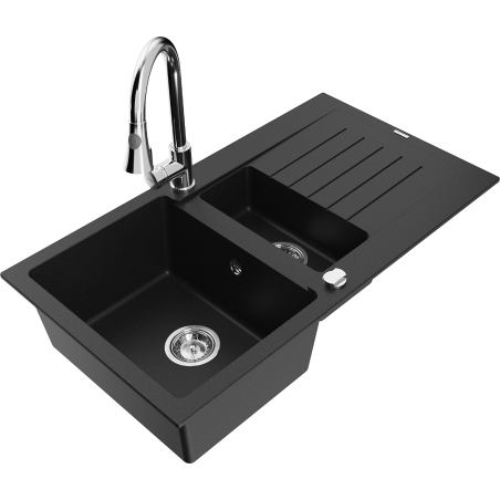 Mexen Matias fregadero de granito 1,5 senos con escurridor y grifo de cocina Elia, negro - 6502-77-670101-00