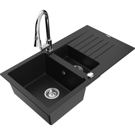 Mexen Matias fregadero de granito de 1,5 senos con escurridor y grifo de cocina Elia, negro - 6502-77-670101-00