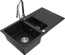 Mexen Matias fregadero de granito 1,5 senos con escurridor y grifo de cocina Elia, negro - 6502-77-670101-00