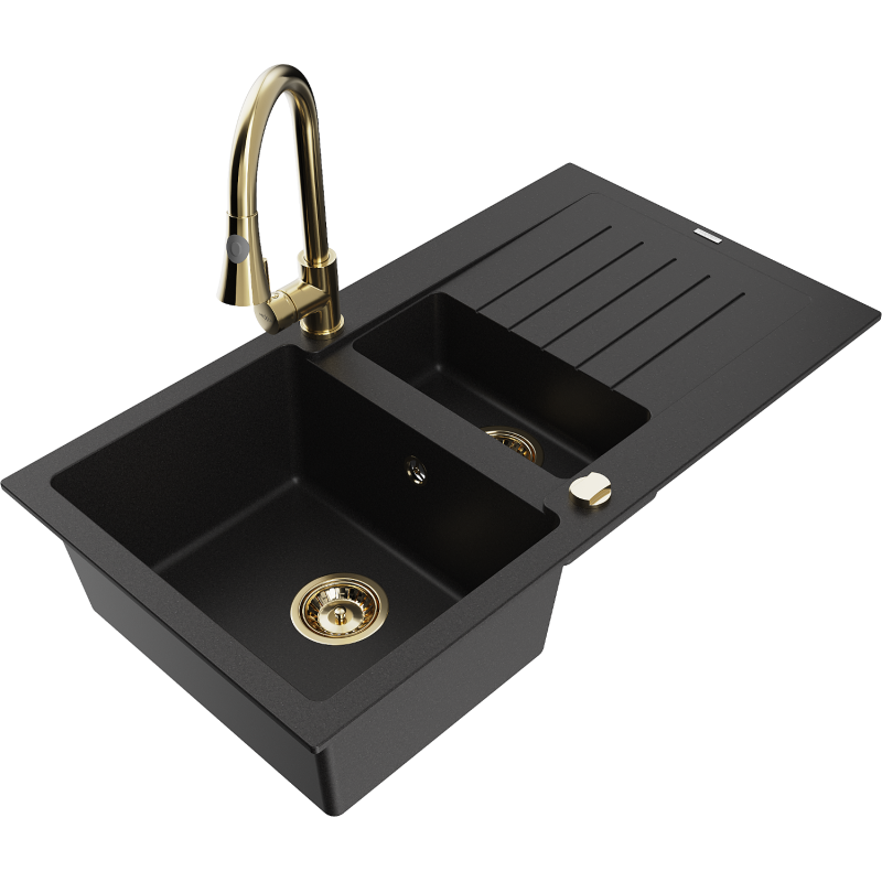 Mexen Matias fregadero de granito de 1,5 senos con escurridor y grifo de cocina Elia, negro - 6502-77-670101-50