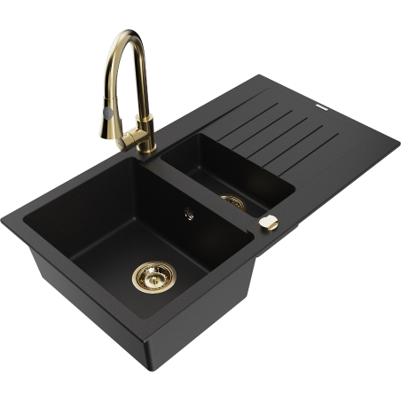 Mexen Matias fregadero de granito de 1,5 senos con escurridor y grifo de cocina Elia, negro - 6502-77-670101-50