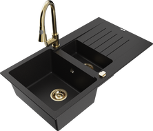 Mexen Matias granite sink 1.5-bowl with drainer and Elia kitchen tap, black - 6502-77-670101-50