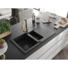 Mexen Matias granite sink 1.5-bowl with drainer and Elia kitchen mixer tap, black - 6502-77-670101-50-B