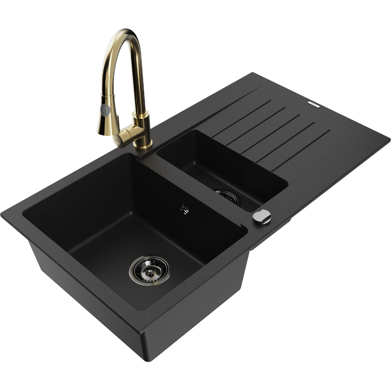 Mexen Matias granite sink 1.5-bowl with drainer and Elia kitchen mixer tap, black - 6502-77-670101-50-B