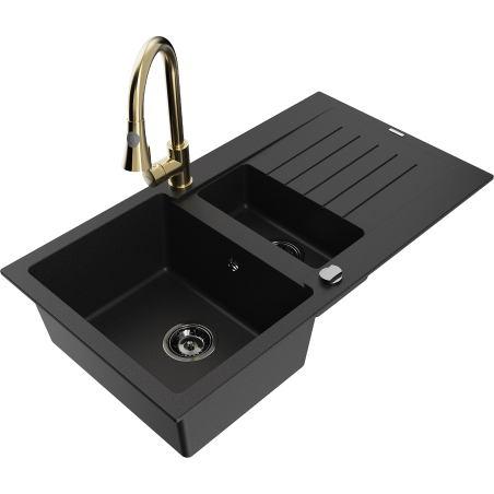 Mexen Matias granite sink 1.5-bowl with drainer and Elia kitchen mixer tap, black - 6502-77-670101-50-B