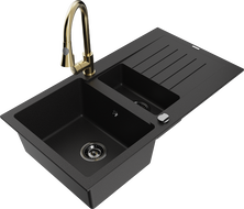 Mexen Matias granite sink 1.5-bowl with drainer and Elia kitchen mixer tap, black - 6502-77-670101-50-B