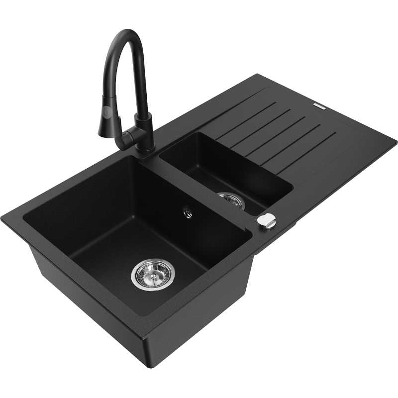 Mexen Matias fregadero de granito de 1,5 senos con escurridor y grifo de cocina Elia, negro - 6502-77-670101-70